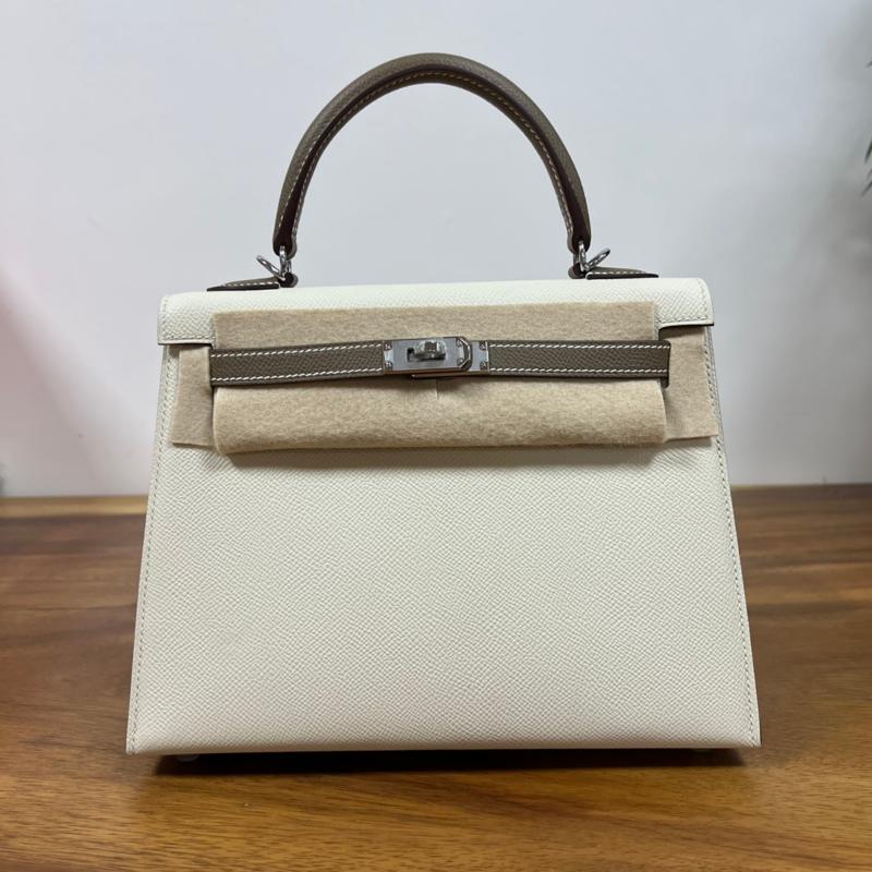 Hermes Kelly 25EP Colored Milk Shake White Elephant Grey Silver Button
